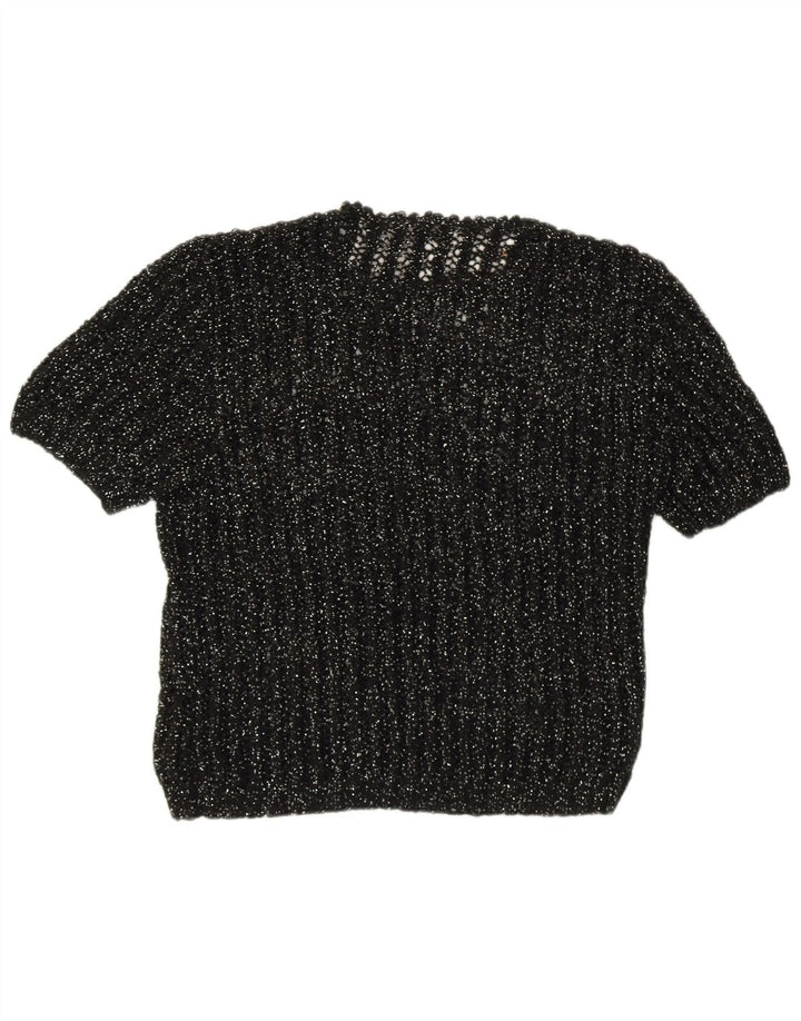 Vintage damski sweter z krótkim rękawem i okrągłym dekoltem UK 12, średni czarny