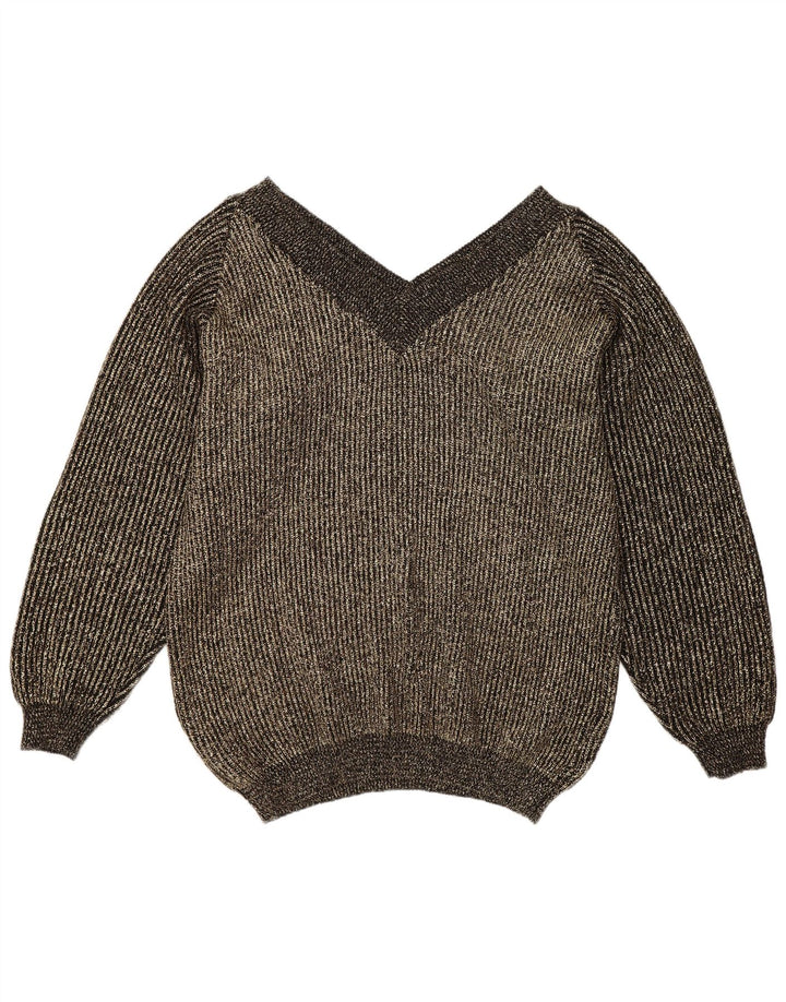 Vintage damski sweter oversize z dekoltem w kształcie litery V, UE 40, średnie złote plamki
