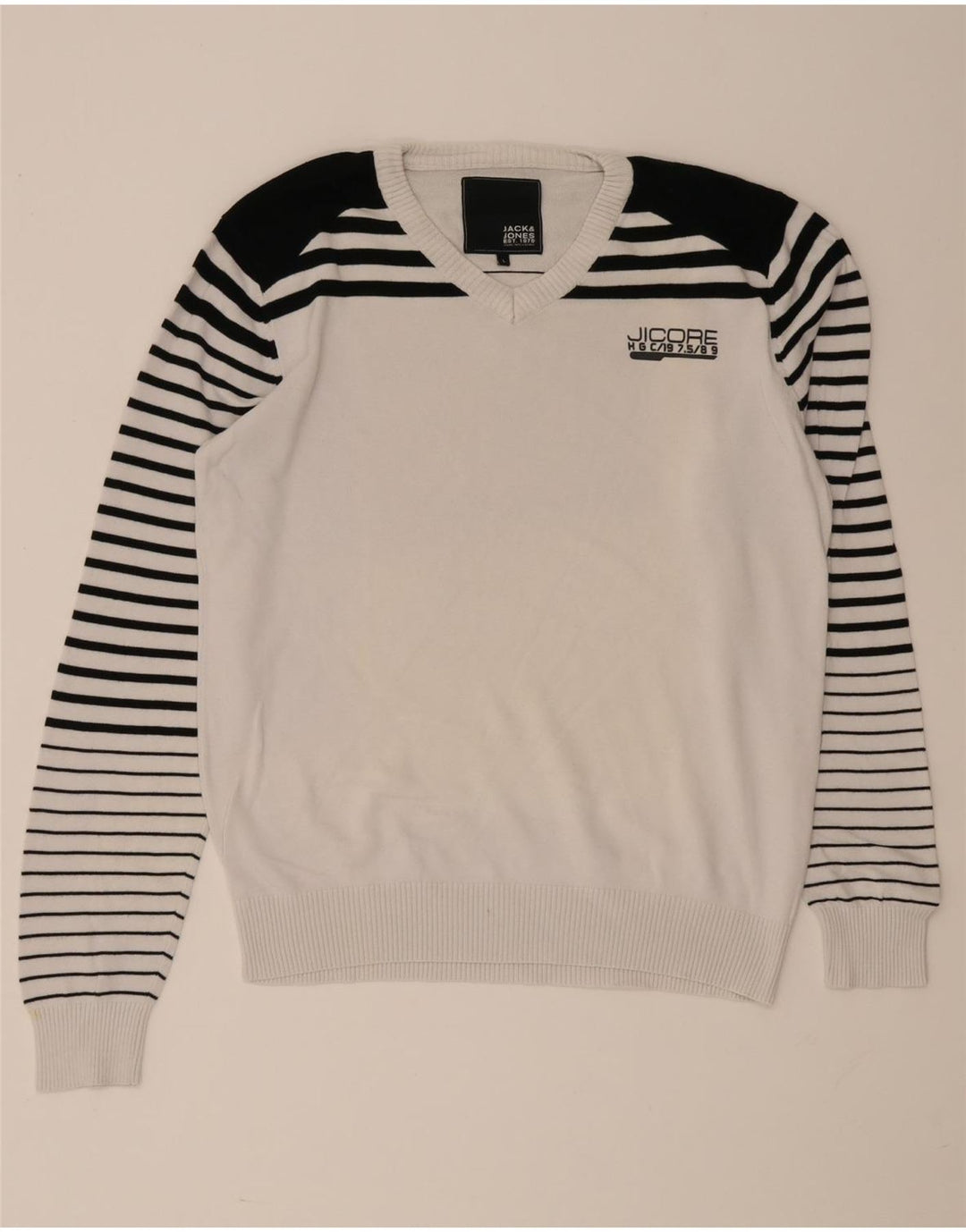 Męski sweter Jack & Jones z dekoltem w kształcie litery V, duży, biały, z blokami kolorów