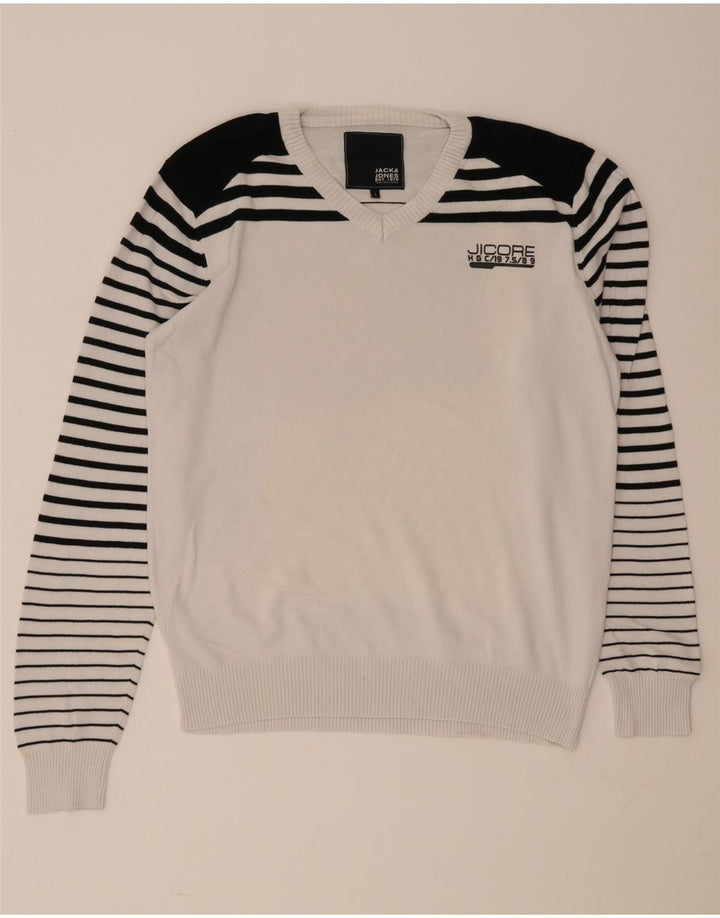 Męski sweter Jack & Jones z dekoltem w kształcie litery V, duży, biały, z blokami kolorów