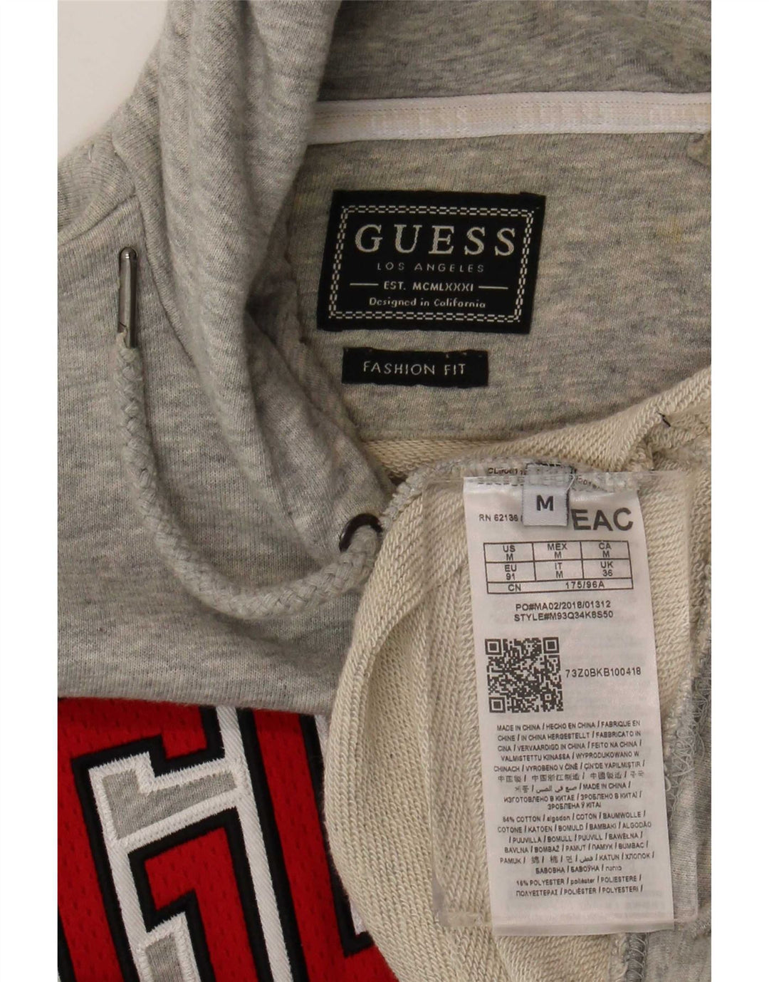 Męski sweter z kapturem Guess z grafiką, średnioszary, bawełniany
