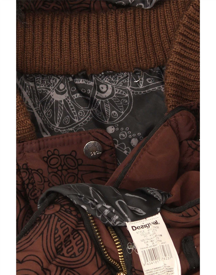 Damska kurtka Desigual z kapturem, oversize, wyściełana EU 36, mała, brązowa, w kwiaty