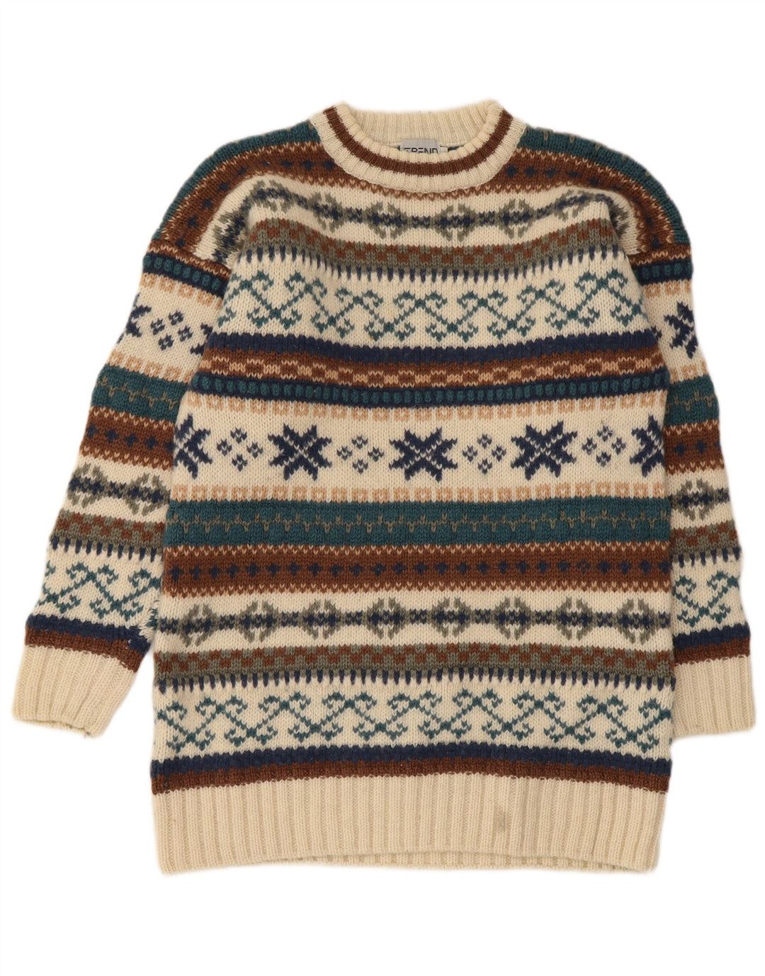 Vintage męski sweter z okrągłym dekoltem, średni beż, jasna wełna Isle