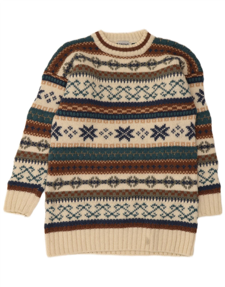 Vintage męski sweter z okrągłym dekoltem, średni beż, jasna wełna Isle