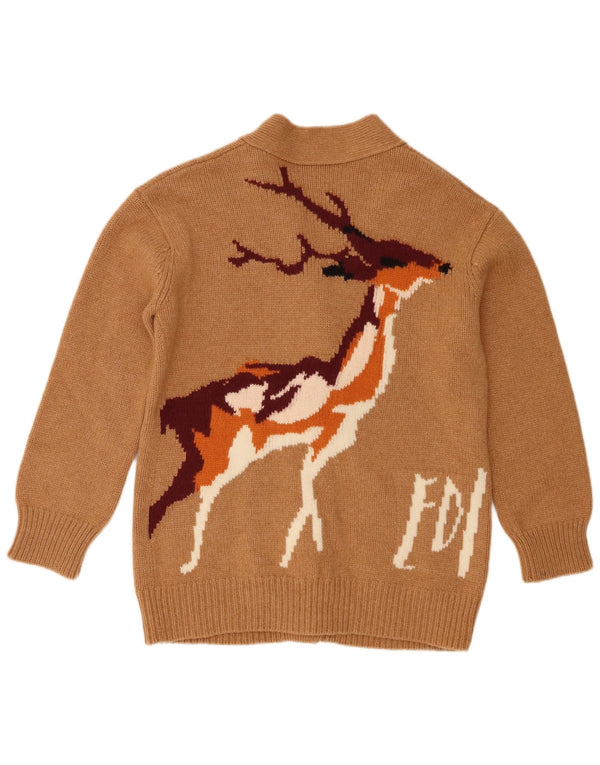 Sweter damski w stylu vintage z grafiką, UK 6 XS, brązowy nadruk zwierzęcy