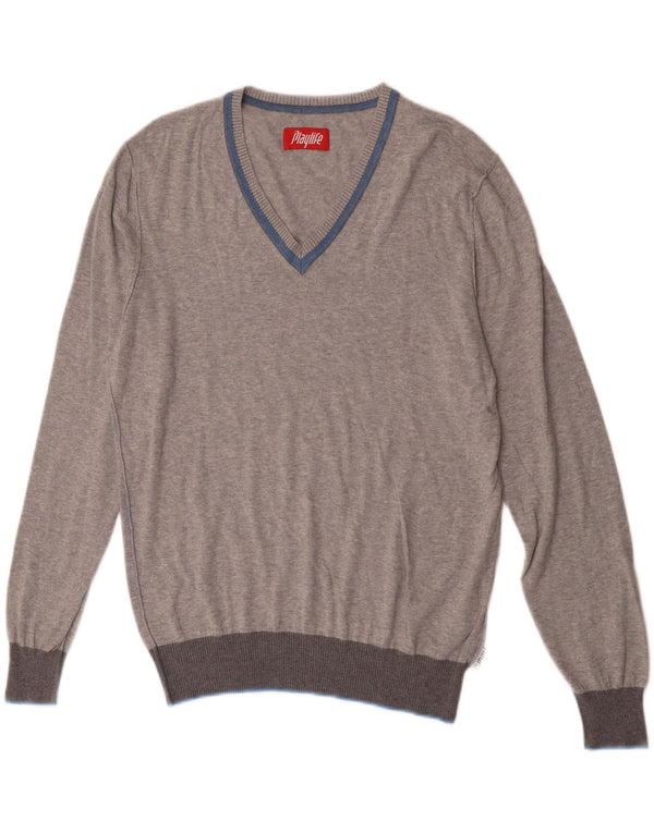 Sweter damski Playlife z dekoltem w kształcie litery V, UK 16, duży, szary, nakrapiany, bawełniany