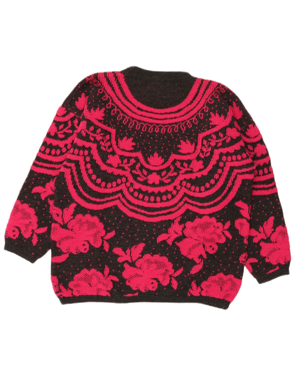 Sweter damski w stylu vintage z dekoltem w łódkę UK 14, duży, czarny, z wełny w kwiaty