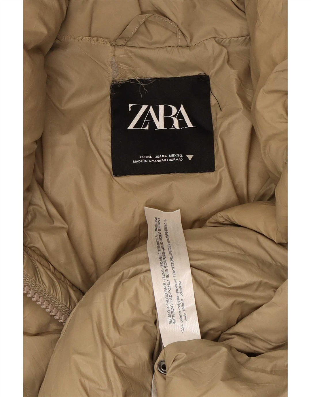Damski płaszcz z kapturem, oversize, wyściełany Zara UK 18 XL, beżowy poliester
