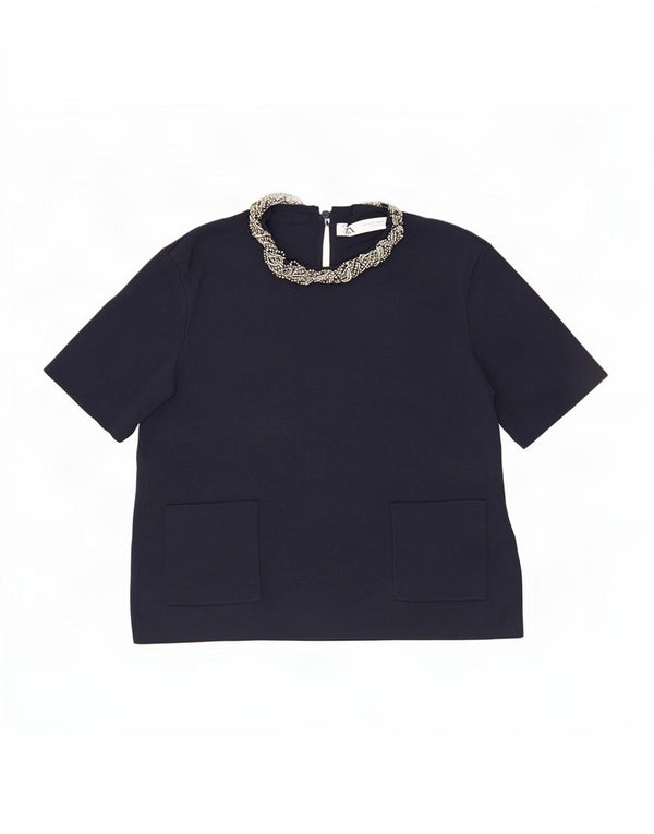 Zara Womens Crop Blouse Top UK 12 Medium Navy Blue Viscose