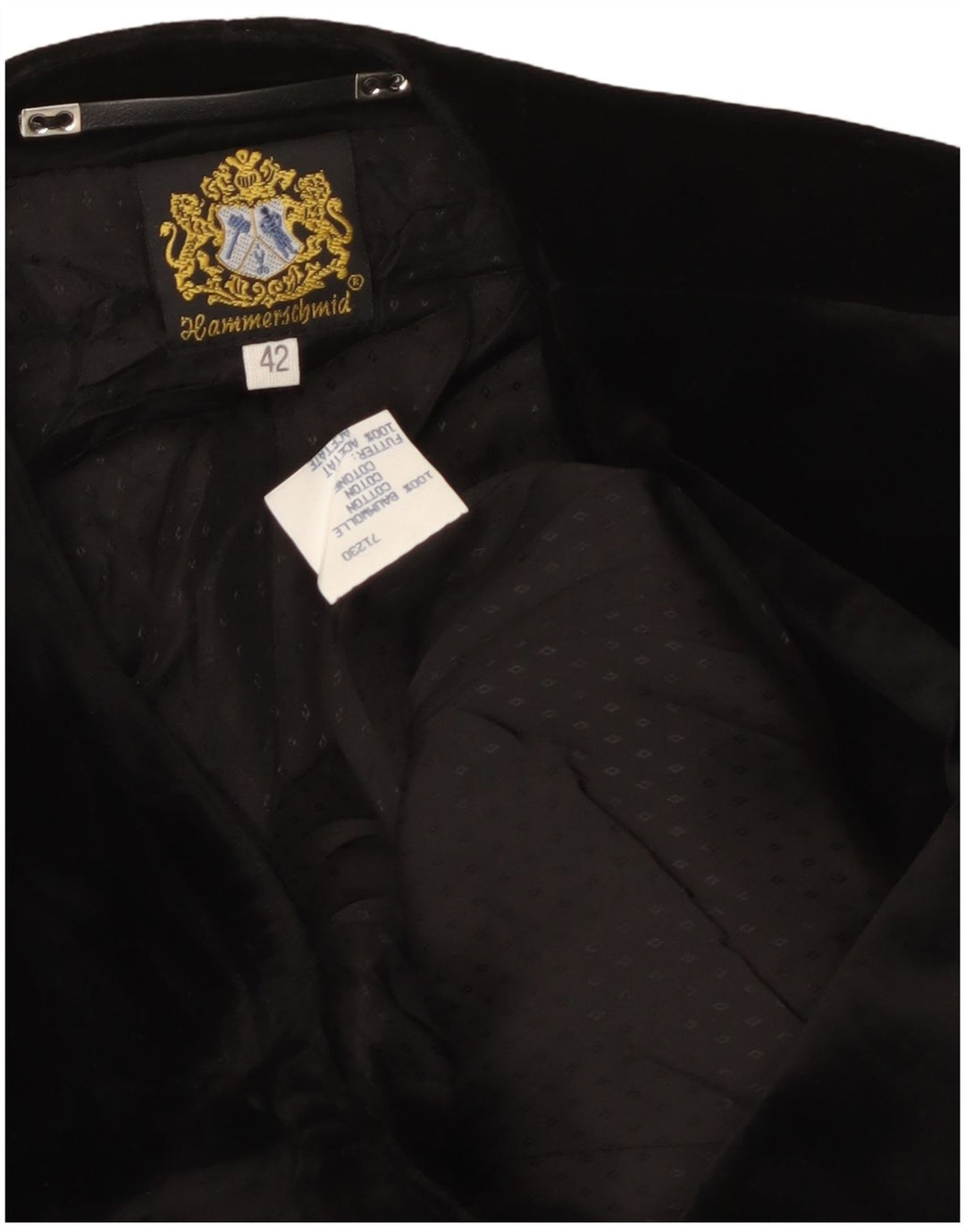 HAMMERSCHMID Damska aksamitna marynarka zapinana na 3 guziki EU 42, duża, czarna, bawełniana