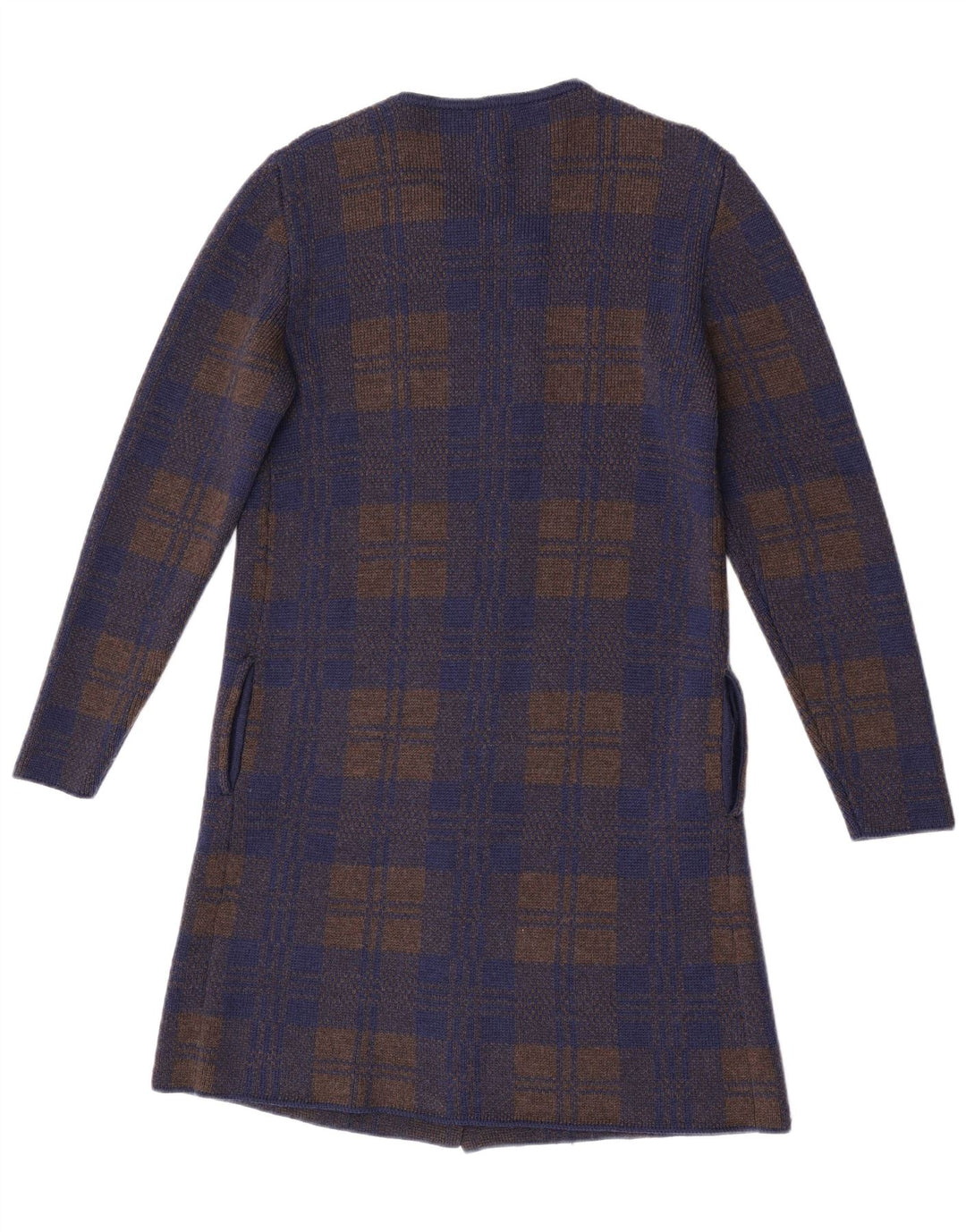 Vintage damski sweter rozpinany o przedłużonym fasonie UK 14, średni granatowy w kratkę