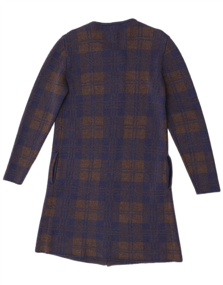 Vintage damski sweter rozpinany o przedłużonym fasonie UK 14, średni granatowy w kratkę