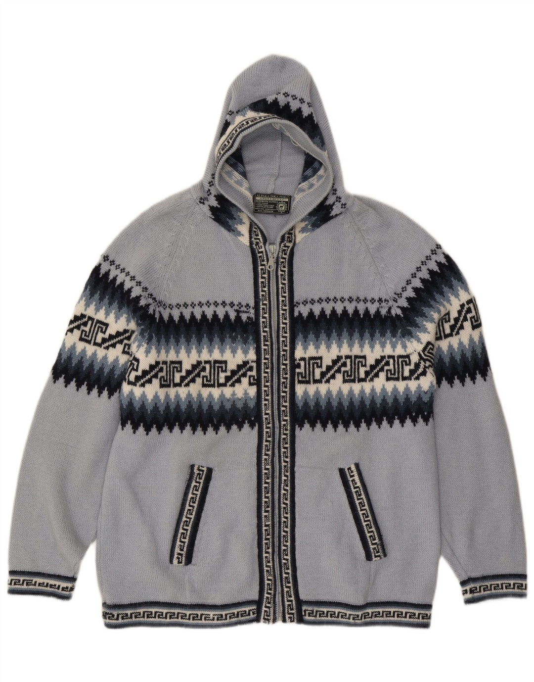 Damski sweter rozpinany z kapturem UK 16, duży niebieski geometryczny