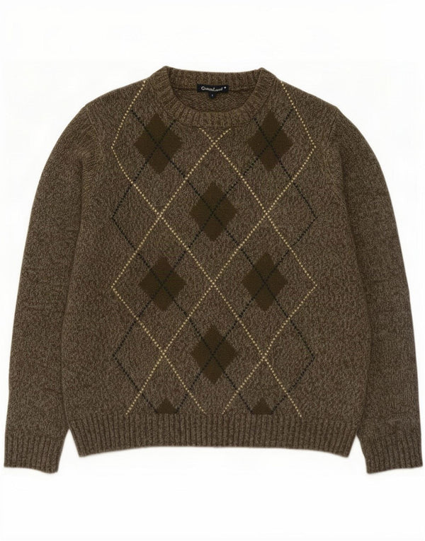 GREENLAND Męski sweter z okrągłym dekoltem, duży Khaki Argyle/Diamentowy akryl