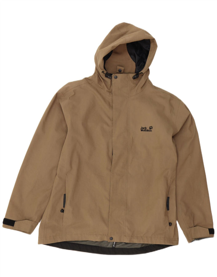 Męska kurtka przeciwdeszczowa Jack Wolfskin z kapturem UK 40, duża, beżowa, poliester