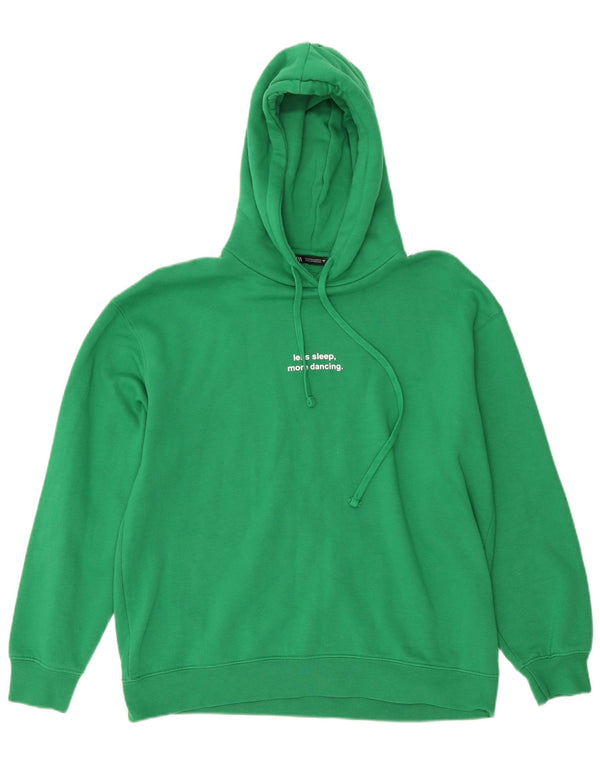 Zara Womens Graphic Oversized Hoodie Jumper UK 14 Medium Green Cotton