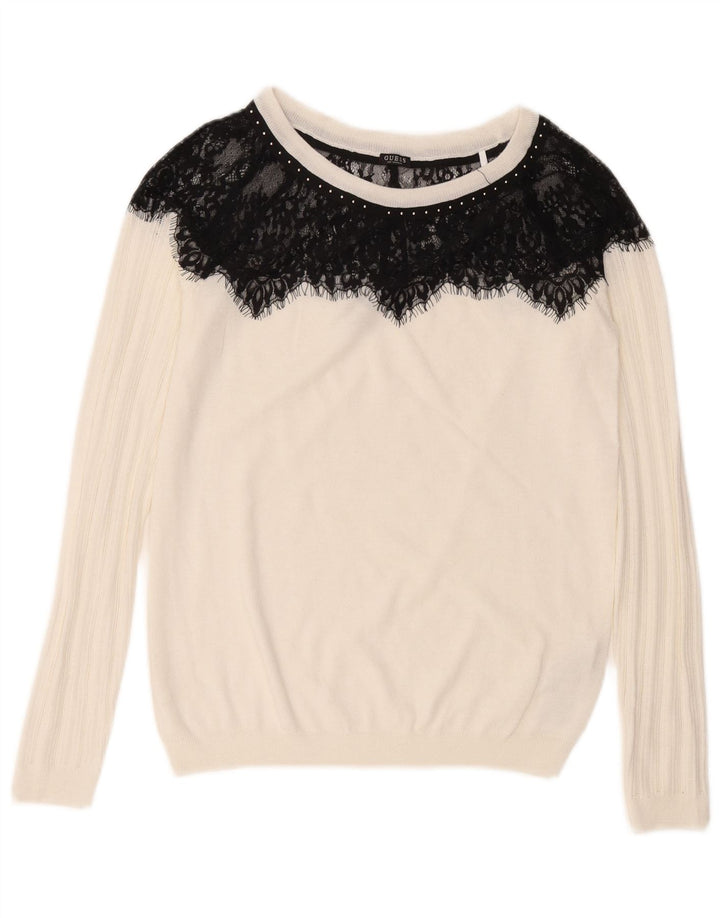 Damski sweter Guess z dekoltem w łódkę, UK 12, średni biały, blok kolorów