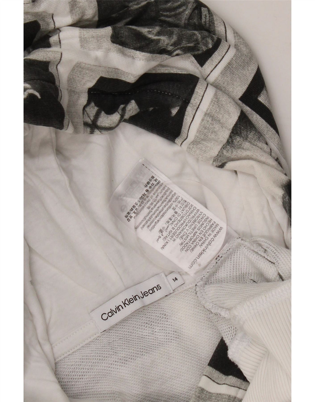 Chłopięcy sweter z kapturem i grafiką Calvin Klein Jeans, 13-14 lat, szary patchwork