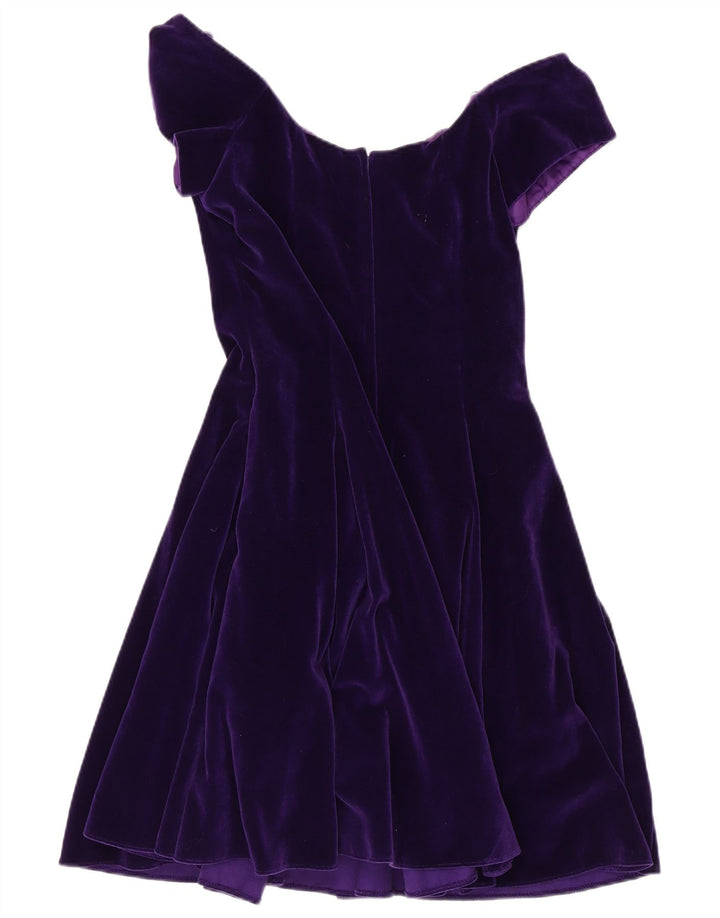 VINTAGE damska aksamitna sukienka z odkrytymi ramionami UK 14, średnia fioletowa bawełna