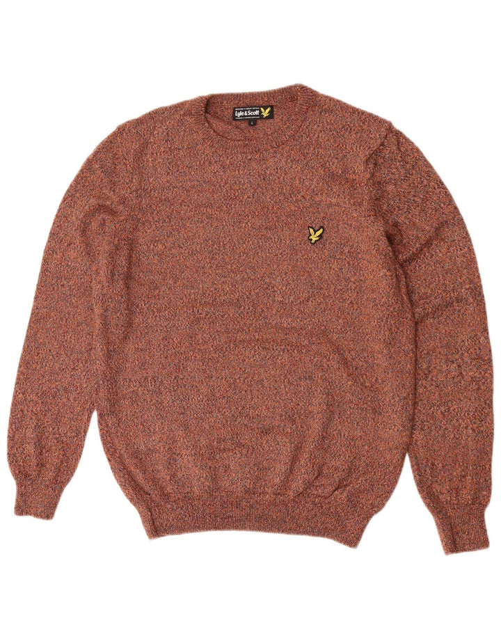 Męski sweter z okrągłym dekoltem Lyle & Scott, duży, brązowy, wełniany w cętki