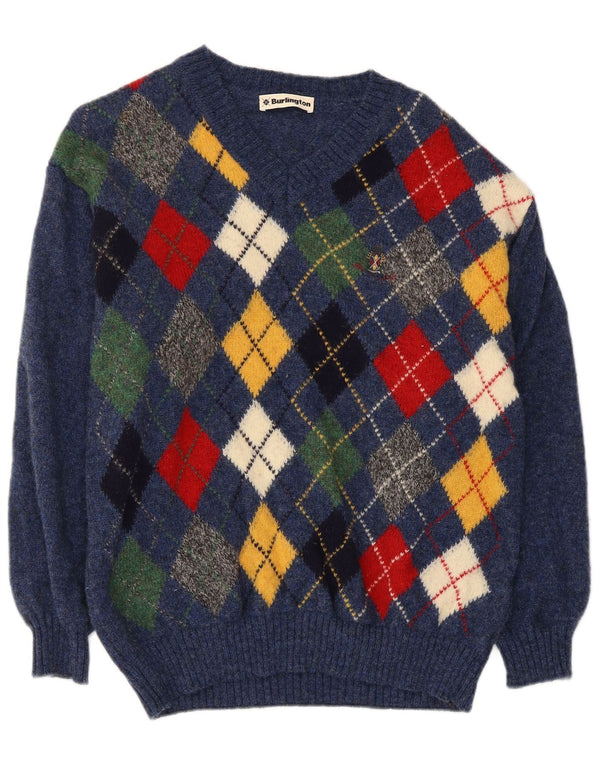 Męski sweter Burlington z dekoltem w kształcie litery V, średnioniebieski, argyle/diamentowy, nowa wełna