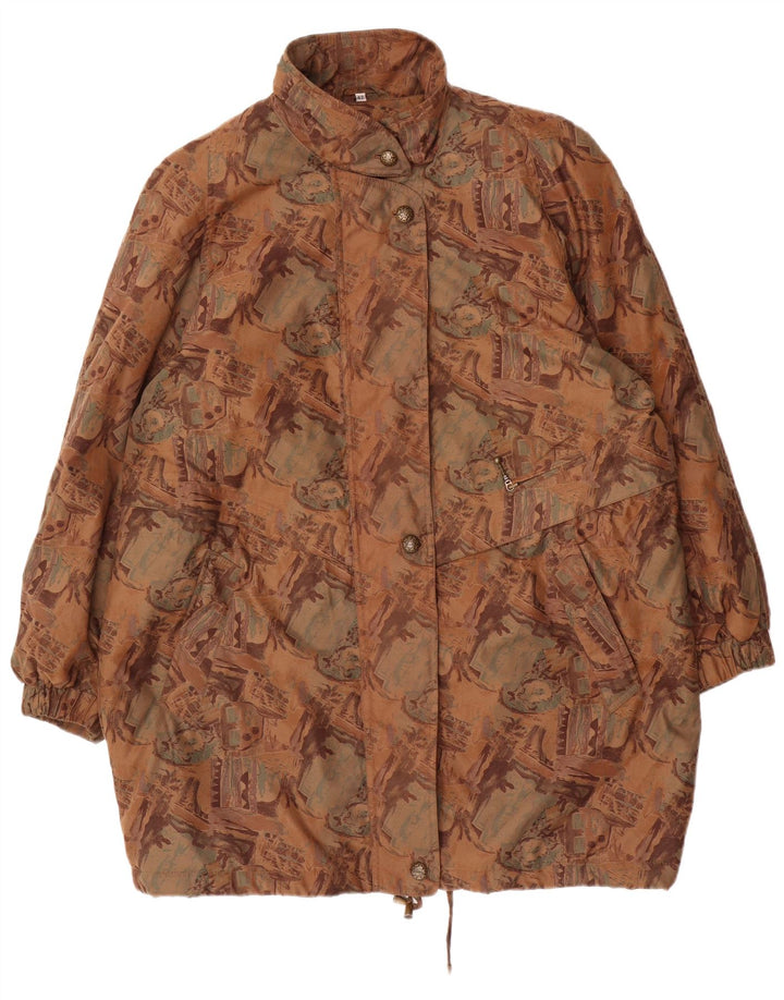 VINTAGE damski płaszcz przeciwdeszczowy o luźnym kroju w abstrakcyjny wzór EU 42 duży brązowy