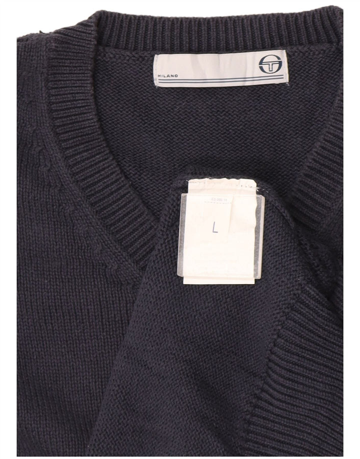 Męski sweter Sergio Tacchini z dekoltem w kształcie litery V, duży, granatowy, bawełniany