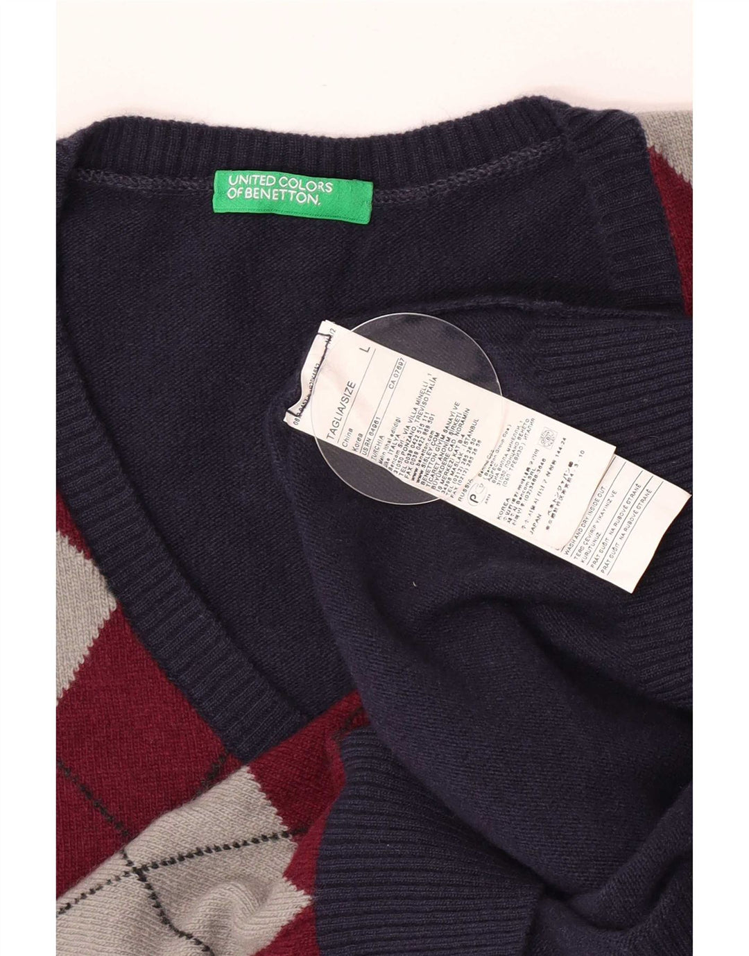 Męski sweter Benetton z dekoltem w kształcie litery V, duży, granatowy, wykonany z tkaniny argyle/diamentowej wełny