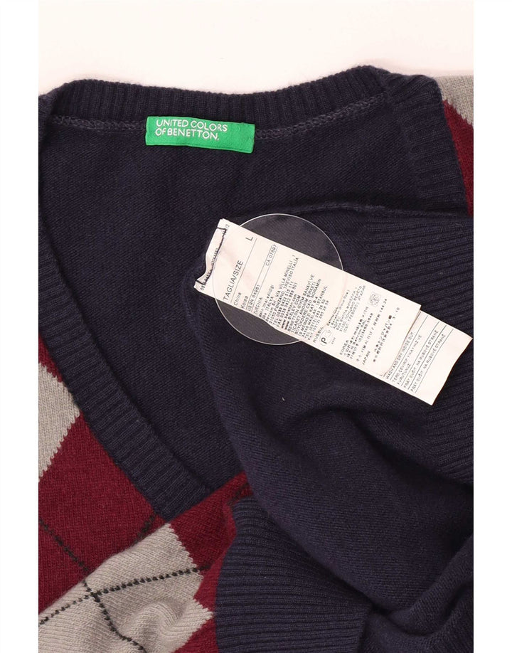 Męski sweter Benetton z dekoltem w kształcie litery V, duży, granatowy, wykonany z tkaniny argyle/diamentowej wełny