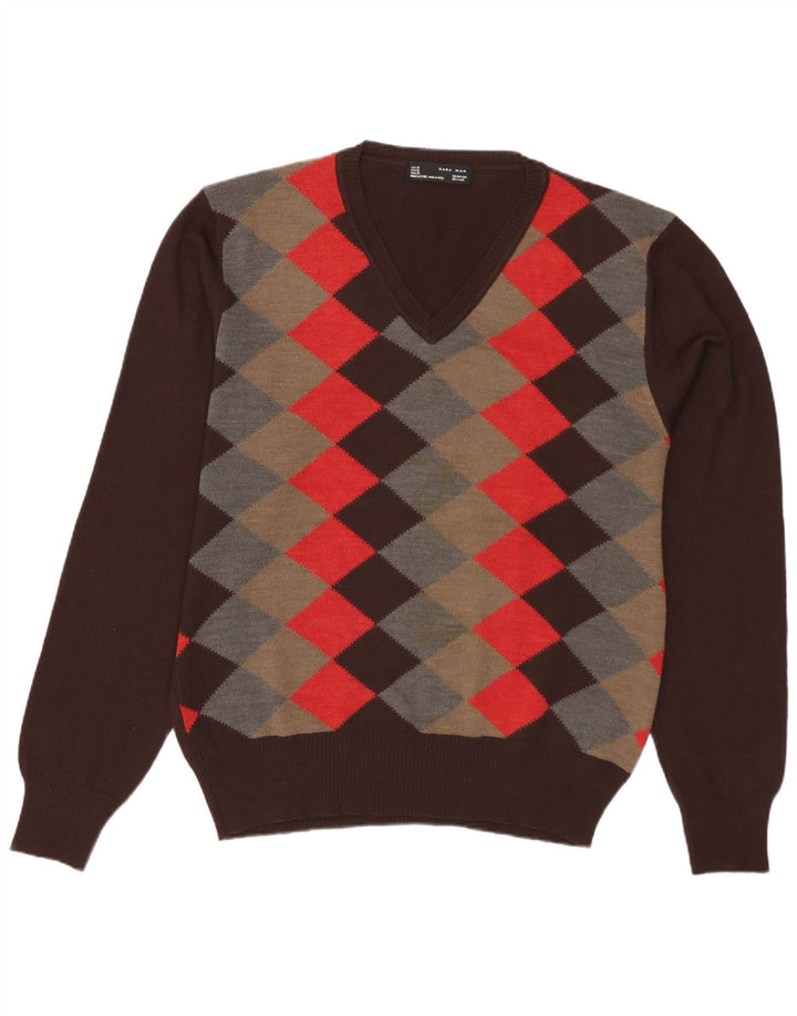 Męski sweter Zara z dekoltem w kształcie litery V, średniobrązowy Argyle/Diament