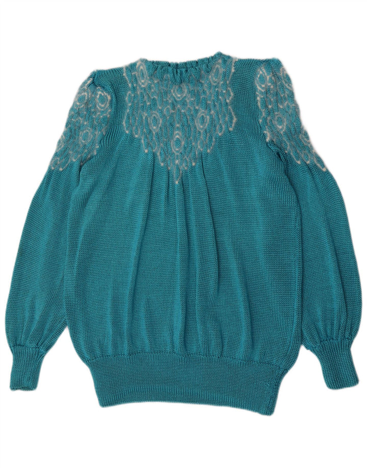 Vintage damski sweter z abstrakcyjnym wzorem i okrągłym dekoltem UK 14, duży niebieski