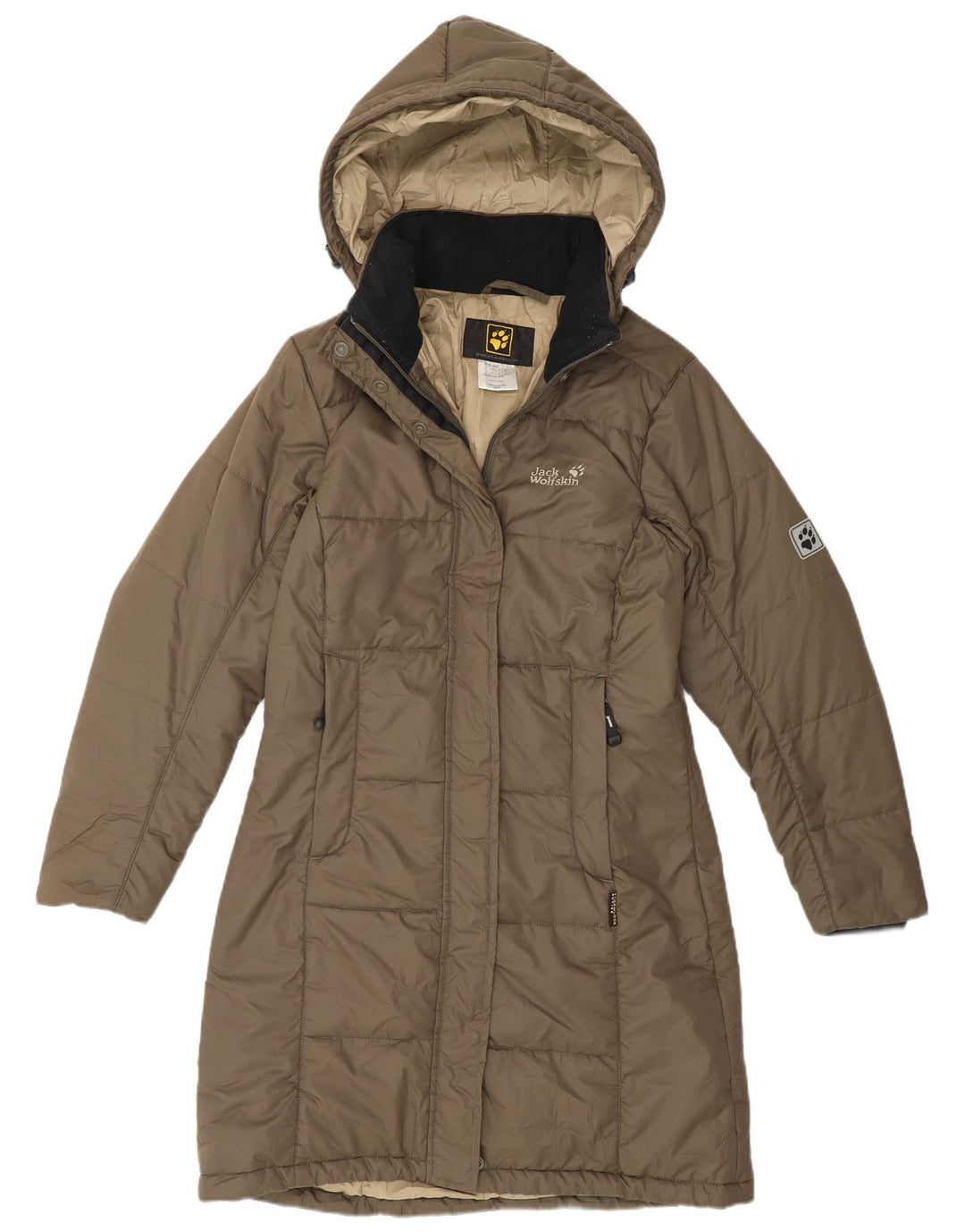 Damski ocieplany płaszcz z kapturem Jack Wolfskin UK 10, mały, khaki, poliester