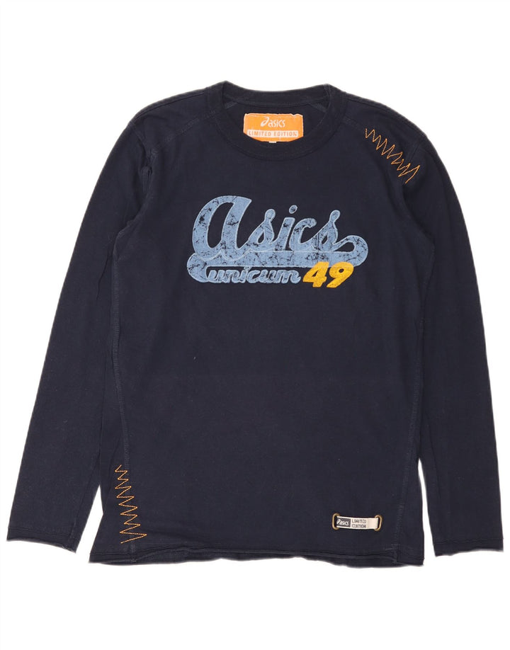 Męski graficzny top Asics z długim rękawem, mały, granatowy, bawełniany