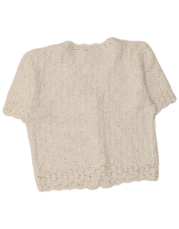 Vintage damski sweter rozpinany z krótkim rękawem UK 12, średnia biała bawełna