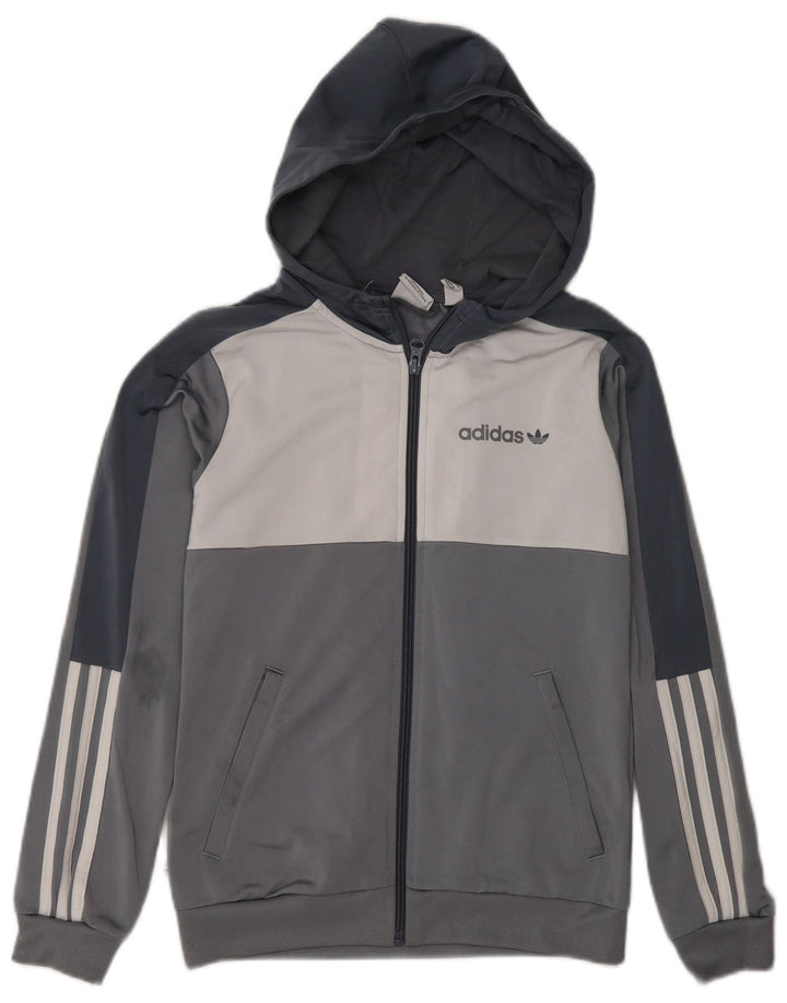 ADIDAS Boys Zip Hoodie Sweater 11-12 Years Grey Colourblock Polyester