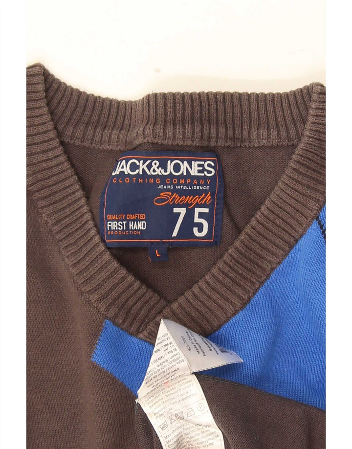 Męski sweter Jack & Jones z dekoltem w kształcie litery V, duży, szary, wykonany z tkaniny argyle/diamentowej bawełny