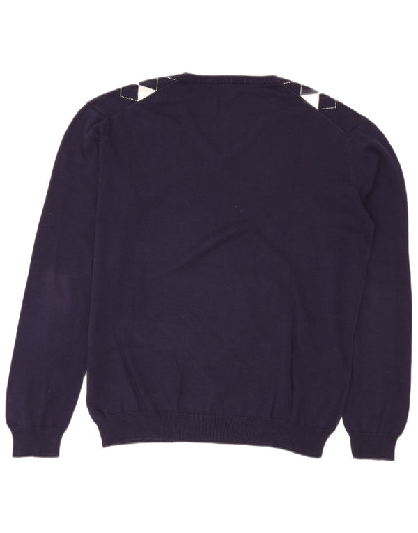 Męski sweter w stylu VINTAGE, z dekoltem w kształcie litery V, średni granatowy, argyle/diamentowa bawełna