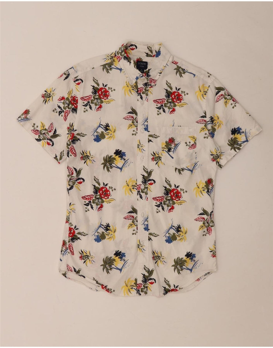 J. CREW Męska koszula z krótkim rękawem Flex, mała, biała, bawełniana w kwiaty