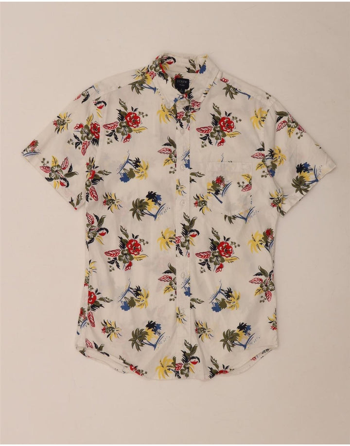 J. CREW Męska koszula z krótkim rękawem Flex, mała, biała, bawełniana w kwiaty