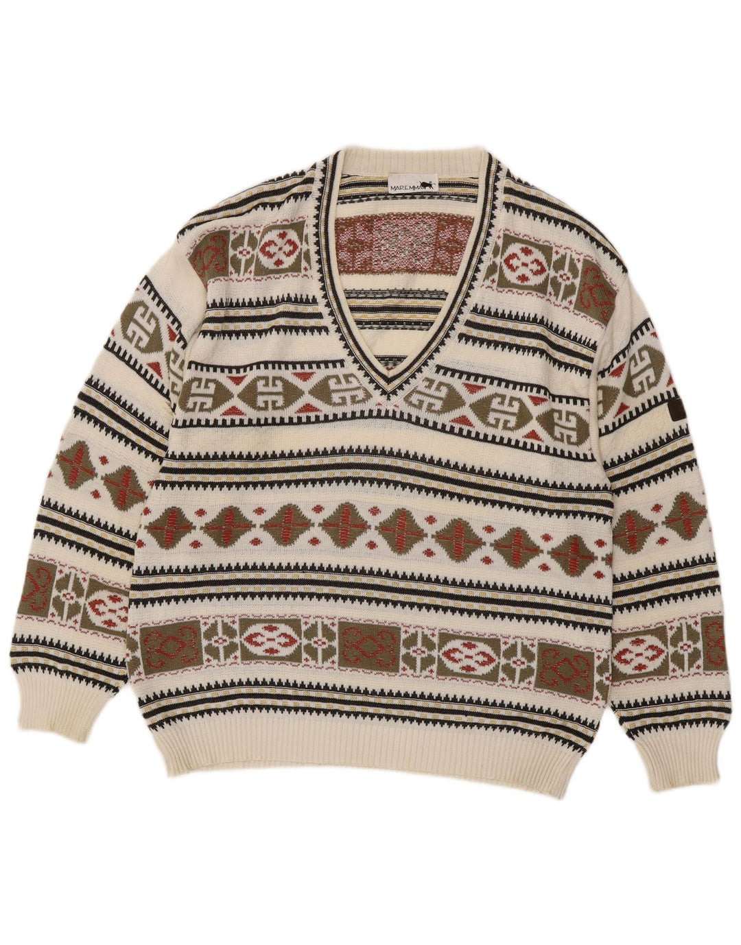 Męski sweter Maremma z dekoltem w szpic IT 52, duży, wielokolorowy Fair Isle
