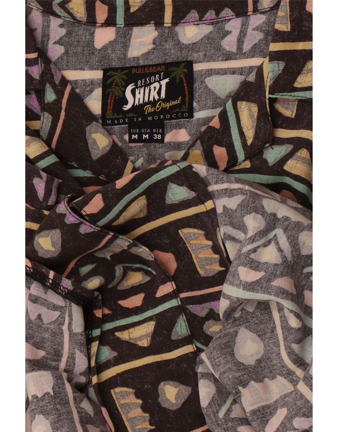 Męska koszula z krótkim rękawem Pull & Bear, średniobrązowa, geometryczna, hawajska