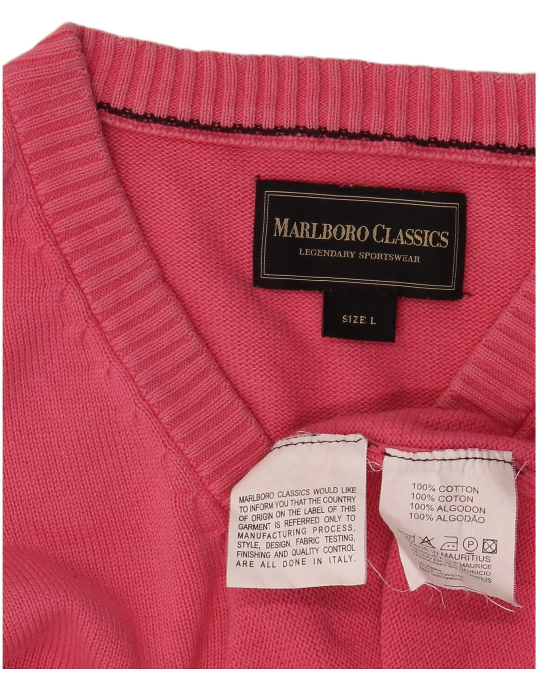 Marlboro Classics Męski sweter z dekoltem w kształcie litery V, duży, różowy, bawełniany