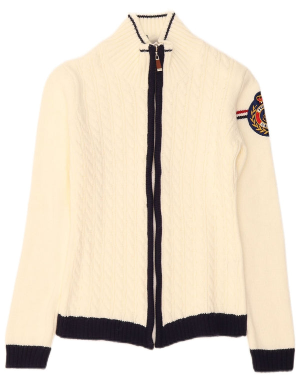 Sweter damski w stylu vintage, UK 6 XS, biały akryl z blokami kolorów