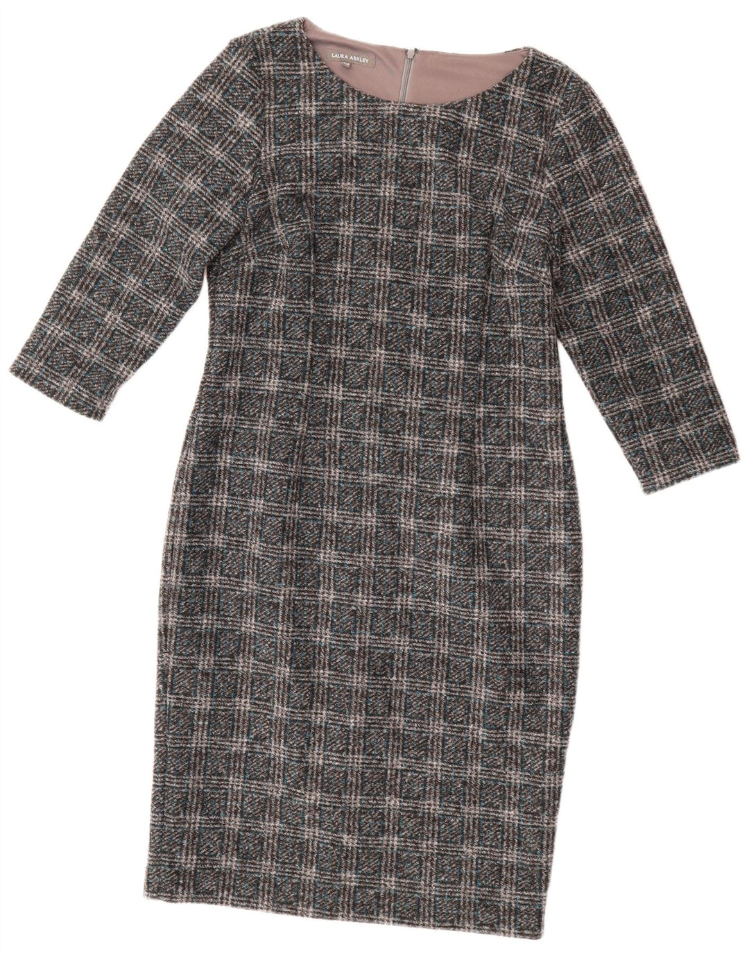 LAURA ASHLEY Womens 3/4 Sleeve Sheath Dress UK 12 Medium  Grey Check