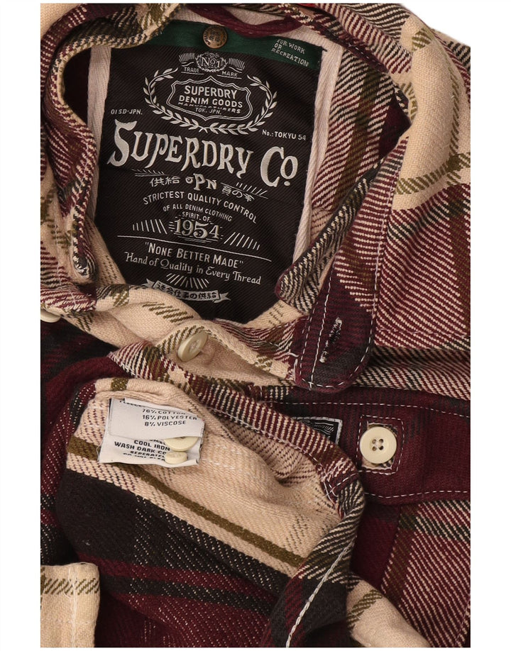 Męska koszula flanelowa Superdry, mała, bordowa, bawełniana w kratkę