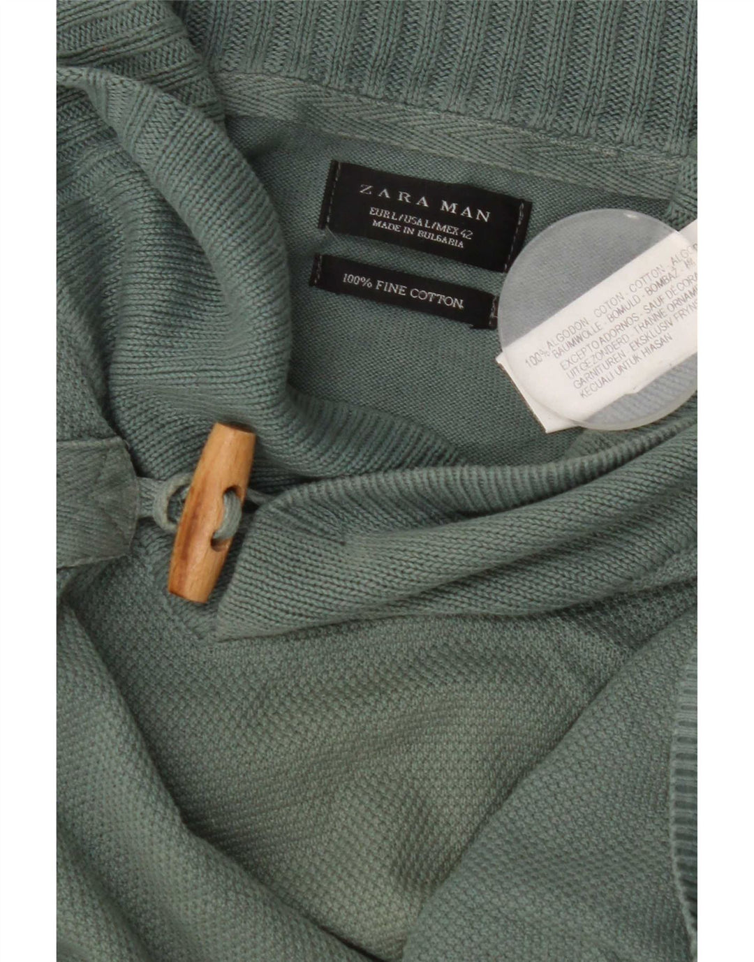 Męski sweter Zara z szalowym dekoltem, duży, zielony, bawełniany