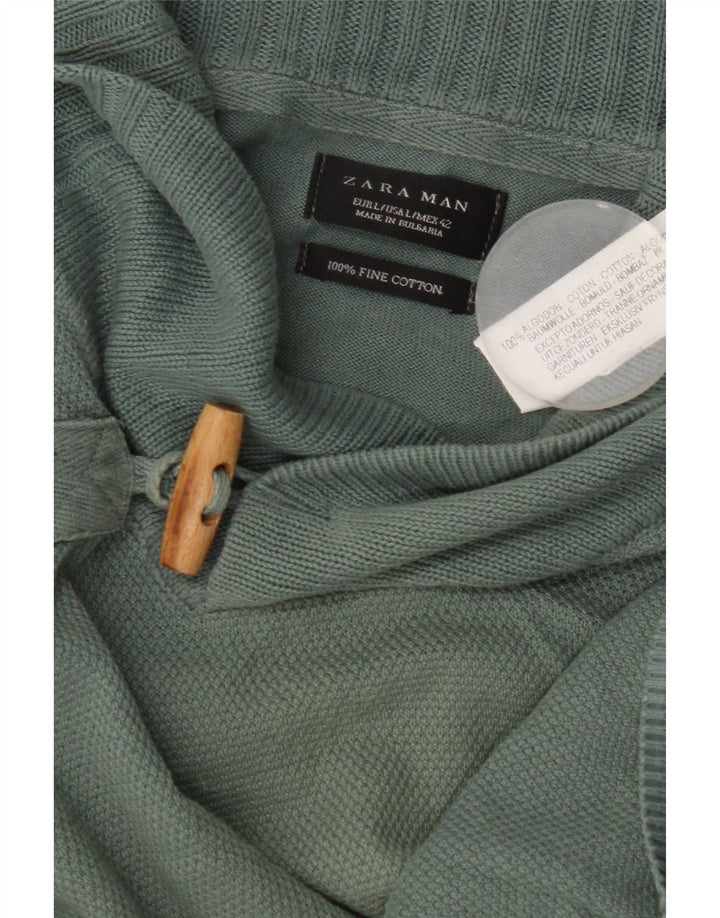 Męski sweter Zara z szalowym dekoltem, duży, zielony, bawełniany
