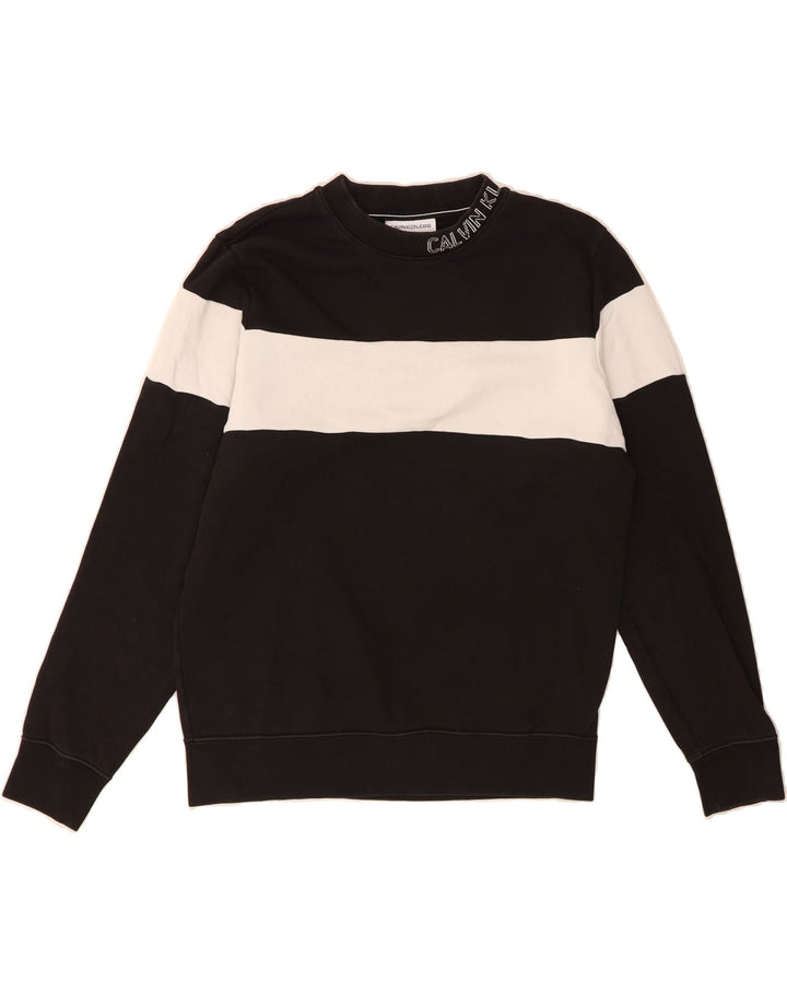 CALVIN KLEIN JEANS Mens Graphic Sweatshirt Jumper Small Black Colourblock Vintage Calvin Klein Jeans and Second-Hand Calvin Klein Jeans from Messina Hembry 