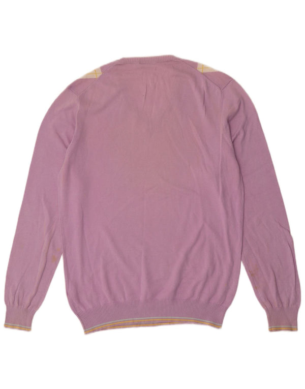 Męski sweter Benetton z dekoltem w kształcie litery V, średni fiolet, tkanina argyle/diamentowa bawełna