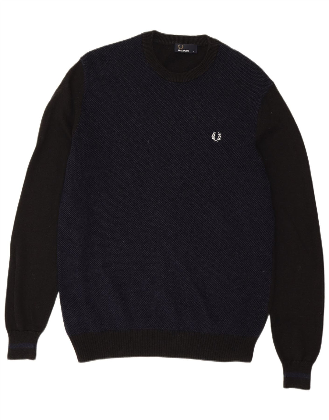 Męski sweter Fred Perry z okrągłym dekoltem, duży granatowy, wełniany blok kolorów